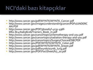 http://www.cancer.gov/pdf/WYNTK/WYNTK_Cancer.pdf http://www.cancer.gov/images/understandingcancer/PDFs/UNDERCAN.PDF http://www.cancer.gov/PDF/3b10af4f-4231-496f-bf62-8c47bab38ce6/Trainers_Book_m.pdf http://www.cancer.gov/cancertopics/chemotherapy-and-you.pdf http://www.cancer.gov/cancertopics/radiation-therapy-and-you.pdf http://www.cancer.gov/cancertopics/SurgeryChoicesESBCPDF http://www.cancer.gov/PDF/WYNTK/WYNTK_Colon.pdf http://www.cancer.gov/pdf/WYNTK/WYNTK_breast.pdf http://www.cancer.gov/pdf/wyntk/wyntk_lung.pdf http://www.cancer.gov/PDF/FactSheet/fs7_20.pdf 