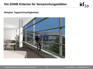 Die DGNB Kriterien für Versammlungsstätten

Beispiel: Tageslichtverfügbarkeit




ikl Ingenieurbüro Prof. Dr.-Ing. Kunibert Lennerts GmbH   20   www.ikl-gmbh.de . kontakt@ikl-gmbh.de
 