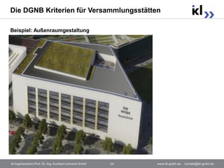 Die DGNB Kriterien für Versammlungsstätten

Beispiel: Außenraumgestaltung




ikl Ingenieurbüro Prof. Dr.-Ing. Kunibert Lennerts GmbH   24   www.ikl-gmbh.de . kontakt@ikl-gmbh.de
 