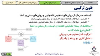‫آذر‬9725
‫فنون‬‫ترکیبی‬
•‫استفاده‬‫همزمان‬‫از‬‫‌های‬‫ش‬‫رو‬‫تشخیص‬‫ناهنجاری‬‫و‬‫‌های‬‫ش‬‫رو‬‫مبتنی‬‫بر‬‫امضا‬
•‫تشخیص‬‫‌های‬‫ه‬‫حمل‬‫شناخته‬‫شده‬‫با‬‫استفاده‬‫از‬‫‌های‬‫ش‬‫رو‬‫مبتنی‬‫بر‬‫امضا‬
•‫تشخیص‬‫‌های‬‫ه‬‫حمل‬‫روز‬‫صفر‬‫با‬‫استفاده‬‫از‬‫‌های‬‫ش‬‫رو‬‫تشخیص‬‫ناهنجاری‬
•‫محافظت‬‫از‬‫پیمانه‬‫تشخیص‬‫ناهنجاری‬‫توسط‬‫روش‬‫مبتنی‬‫بر‬‫امضا‬
•‫کاهش‬‫نرخ‬‫مثبت‬‫کاذب‬
•‫ترکیب‬‫شدن‬‫معایب‬‫هر‬‫دو‬‫روش‬
•‫تعامل‬‫کارای‬‫دو‬‫پیمانه‬‫با‬‫یکدیگر‬
•NIDES
‫ناهنجاری‬ ‫تشخیص‬ ‫فنون‬ ‫بر‬ ‫مروری‬-‫ذاکری‬ ‫مرتضی‬18
‫مقـدمه‬‫فنون‌تشخیص‌ناهنجاری‬‫‌های‌ترکیبی‬‫م‬‫سیست‬‫‌گیری‬‫ه‬‫نتیج‬ ‫‌های‌جدید‌تشخیص‌نف‬‫ش‬‫رو‬‫وذ‬
 