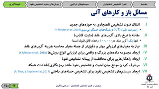 ‫آذر‬9725
‫مسائل‬‫باز‬‫و‬‫کارهای‬‫آتی‬
.I‫انتقال‬‫فنون‬‫تشخیص‬‫ناهنجاری‬‫به‬‫‌های‬‫ه‬‫حوز‬‫جدید‬
•‫اینترنت‬‫اشیاء‬(IoT)‫و‬‫‌های‬‫ه‬‫شبک‬‫حسگر‬‫‌سیم‬‫ی‬‫ب‬(Y. Meidan et al., 2018)
.II‫مقابله‬‫با‬‫نرخ‬‫باالی‬‫آژیرهای‬‫غلط‬(‫مثبت‬‫کاذب‬)
•‫تنها‬‫یک‬‫آژیر‬‫غلط‬‫در‬000,100‫رخداد‬‫قابل‬‫قبول‬‫است‬!
.III‫نیاز‬‫به‬‫معیارهای‬‫ارزیابی‬‫بهتر‬‫و‬‫‌تر‬‫ق‬‫دقی‬‫از‬‫جمله‬‫معیار‬‫محاسبه‬‫هزینه‬‫آژیرهای‬‫غل‬‫ط‬
.IV‫ایجاد‬‫مجموعه‬‫‌های‬‫ه‬‫داد‬‫بزرگ‬‫و‬‫واقعی‬‫برای‬‫ارزیابی‬‫انواع‬‫‌ها‬‫ش‬‫رو‬(Y. Meidan et al., 2018)
.V‫ایجاد‬‫راهکارهایی‬‫برای‬‫محافظت‬‫از‬‫پیمانه‬‫تشخیص‬‫نفوذ‬
.VI‫برطرف‬‫کردن‬‫موانع‬‫میان‬‫امنیت‬‫و‬‫تشخیص‬‫نفوذ‬‫مانند‬‫رمزنگاری‬‫اطالعات‬‫شبکه‬
.VII‫ایجاد‬‫‌های‬‫م‬‫سیست‬‫تشخیص‬‫نفوذ‬‫برای‬‫تشخیص‬‫‌های‬‫ه‬‫حمل‬‫داخلی‬(A. Tuor, S. Kaplan et al.,2017)
‫ناهنجاری‬ ‫تشخیص‬ ‫فنون‬ ‫بر‬ ‫مروری‬-‫ذاکری‬ ‫مرتضی‬22
‫مقـدمه‬‫فنون‌تشخیص‌ناهنجاری‬‫‌های‌ترکیبی‬‫م‬‫سیست‬‫‌گیری‬‫ه‬‫نتیج‬ ‫‌های‌جدید‌تشخیص‌نف‬‫ش‬‫رو‬‫وذ‬
 