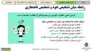 ‫آذر‬9725
‫رابطه‬‫میان‬‫تشخیص‬‫نفوذ‬‫و‬‫تشخیص‬‫ناهنجاری‬
•‫چهار‬‫حالت‬‫با‬‫احتمال‬‫غیر‬‫صفر‬‫در‬‫تشخیص‬‫نفوذ‬
•‫فعالیت‬‫نفوذی‬‫اما‬‫هنجار‬:‫منفی‬‫کاذب‬
•‫فعالیت‬‫غیر‬‫نفوذی‬‫اما‬‫ناهنجار‬:‫مثبت‬‫کاذب‬
•‫فعالیت‬‫غیر‬‫نفوذی‬‫و‬‫هنجار‬:‫منفی‬‫صحیح‬
•‫فعالیت‬‫نفوذی‬‫و‬‫ناهنجار‬:‫مثبت‬‫صحیح‬
•‫هدف‬:‫کاهش‬‫‌های‬‫خ‬‫نر‬‫منفی‬‫کاذب‬‫و‬‫مثبت‬‫کاذب‬
•‫این‬‫دو‬‫معیار‬‫در‬‫تضاد‬‫با‬‫یکدیگر‬‫هستند‬!
‫ناهنجاری‬ ‫تشخیص‬ ‫فنون‬ ‫بر‬ ‫مروری‬-‫ذاکری‬ ‫مرتضی‬7
‫مقـدمه‬‫فنون‌تشخیص‌ناهنجاری‬‫‌های‌ترکیبی‬‫م‬‫سیست‬‫‌گیری‬‫ه‬‫نتیج‬ ‫‌های‌جدید‌تشخیص‌نف‬‫ش‬‫رو‬‫وذ‬
‫فرض‌اصلی‬‌:‌‫فعالیت‌نفوذی‬‫‌ای‬‫ه‬‫زیرمجموع‬‫از‌فعالیت‌ناهنجار‌است‬.
 