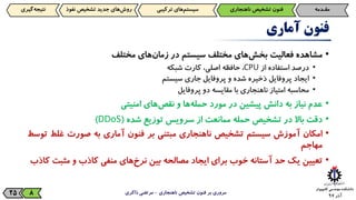 ‫آذر‬9725
‫فنون‬‫آماری‬
•‫مشاهده‬‫فعالیت‬‫‌های‬‫ش‬‫بخ‬‫مختلف‬‫سیستم‬‫در‬‫‌های‬‫ن‬‫زما‬‫مختلف‬
•‫درصد‬‫استفاده‬‫از‬CPU،‫حافظه‬،‫اصلی‬‫کارت‬‫شبکه‬
•‫ایجاد‬‫پروفایل‬‫ذخیره‬‫شده‬‫و‬‫پروفایل‬‫جاری‬‫سیستم‬
•‫محاسبه‬‫امتیاز‬‫ناهنجاری‬‫با‬‫مقایسه‬‫دو‬‫پروفایل‬
•‫عدم‬‫نیاز‬‫به‬‫دانش‬‫پیشین‬‫در‬‫مورد‬‫‌ها‬‫ه‬‫حمل‬‫و‬‫‌های‬‫ص‬‫نق‬‫امنیتی‬
•‫دقت‬‫باال‬‫در‬‫تشخیص‬‌‫ه‬‫حمل‬‫ممانعت‬‫از‬‫سرویس‬‫توزیع‬‫شده‬(DDoS)
•‫امکان‬‫آموزش‬‫سیستم‬‫تشخیص‬‫ناهنجاری‬‫مبتنی‬‫بر‬‫فنون‬‫آماری‬‫به‬‫صورت‬‫غ‬‫لط‬‫توسط‬
‫مهاجم‬
•‫تعیین‬‫یک‬‫حد‬‫آستانه‬‫خوب‬‫برای‬‫ایجاد‬‫مصالحه‬‫بین‬‫‌های‬‫خ‬‫نر‬‫منفی‬‫کاذب‬‫و‬‫مث‬‫بت‬‫کاذب‬
‫ناهنجاری‬ ‫تشخیص‬ ‫فنون‬ ‫بر‬ ‫مروری‬-‫ذاکری‬ ‫مرتضی‬8
‫مقـدمه‬‫فنون‌تشخیص‌ناهنجاری‬‫‌های‌ترکیبی‬‫م‬‫سیست‬‫‌گیری‬‫ه‬‫نتیج‬ ‫‌های‌جدید‌تشخیص‌نف‬‫ش‬‫رو‬‫وذ‬
 