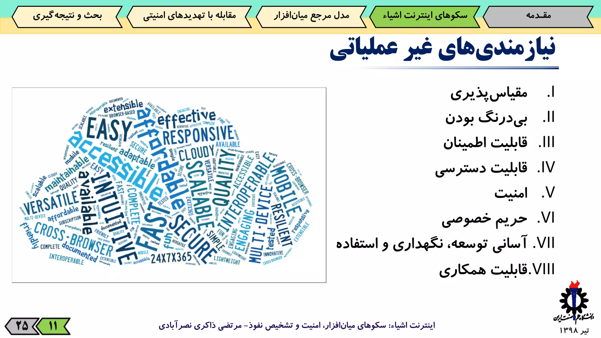‫تیر‬139825
‫های‬‫نیازمندی‬‫غیر‬‫عملیاتی‬
.I‫‌پذیری‬‫س‬‫مقیا‬
.II‫‌درنگ‬‫ی‬‫ب‬‫بودن‬
.III‫قابلیت‬‫اطمینان‬
.IV‫قابلیت‬‫دسترسی‬
.V‫امنیت‬
.VI‫حریم‬‫خصوصی‬
.VII‫آسانی‬،‫توسعه‬‫نگهداری‬‫و‬‫استفاده‬
.VIII‫قابلیت‬‫همکاری‬
‫اشیاء‬ ‫اینترنت‬:‫نفوذ‬ ‫تشخیص‬ ‫و‬ ‫امنیت‬ ،‫افزار‬‫میان‬ ‫سکوهای‬-‫نصرآبادی‬ ‫ذاکری‬ ‫مرتضی‬11
‫مقـدمه‬‌‫سکوهای‌اینترنت‬‫اش‬‫یاء‬‫‌افزار‬‫ن‬‫مدل‌مرجع‌میا‬‫‌گیری‬‫ه‬‫بحث‌و‌نتیج‬ ‫مقابله‌با‌تهدیدهای‌امنی‬‫تی‬
 