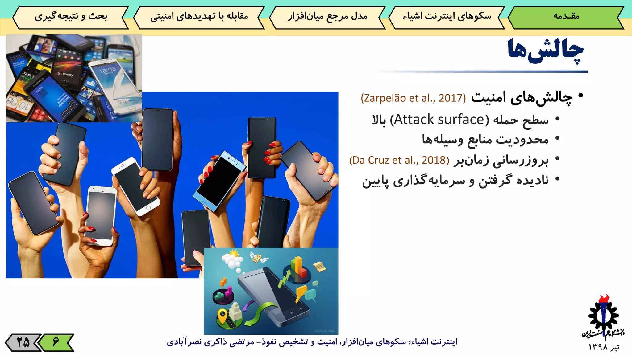 ‫تیر‬139825
‫ها‬‫چالش‬
•‫‌های‬‫ش‬‫چال‬‫امنیت‬(Zarpelão et al., 2017)
•‫سطح‬‫حمله‬(Attack surface)‫باال‬
•‫محدودیت‬‫منابع‬‫‌ها‬‫ه‬‫وسیل‬
•‫بروزرسانی‬‫‌بر‬‫ن‬‫زما‬(Da Cruz et al., 2018)
•‫نادیده‬‫گرفتن‬‫و‬‫‌گذاری‬‫ه‬‫سرمای‬‫پایین‬
‫اشیاء‬ ‫اینترنت‬:‫نفوذ‬ ‫تشخیص‬ ‫و‬ ‫امنیت‬ ،‫افزار‬‫میان‬ ‫سکوهای‬-‫نصرآبادی‬ ‫ذاکری‬ ‫مرتضی‬6
‫مقـدمه‬‌‫سکوهای‌اینترنت‬‫اش‬‫یاء‬‫‌افزار‬‫ن‬‫مدل‌مرجع‌میا‬‫‌گیری‬‫ه‬‫بحث‌و‌نتیج‬ ‫مقابله‌با‌تهدیدهای‌امنی‬‫تی‬
 