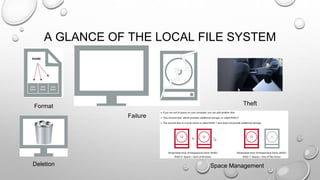 A GLANCE OF THE LOCAL FILE SYSTEM
Format
Failure
Theft
Deletion Space Management
 