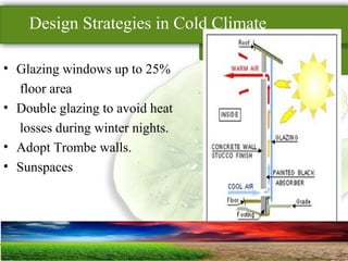 SUSTAINABLE ARCHITECTURAL BUILT ENVIRONMENT CA(NDR),CPWD ..
Design Strategies in Cold Climate
• Glazing windows up to 25%
floor area
• Double glazing to avoid heat
losses during winter nights.
• Adopt Trombe walls.
• Sunspaces
 