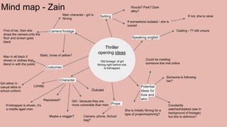 Mind map - Zain
Thriller
opening ideas
‘Old footage’ of girl
filming right before she
is kidnapped
Character
Outcast
Girl - because they are
more vulnerable than men
Repressed?
Lonely
Speaking english
Casting - ?? still unsure
Potential
ideas for
how and
who
Constantly
watched/stalked (see in
background of footage)
but she is oblivious?
Someone is following
her?
Camera footage
Static, tones of yellow?
First of her, then she
drops the camera onto the
floor and screen goes
black
She is initially filming for a
type of project/exploring?
Setting
Woods? Park? Dark
alley?
Could be meeting
someone she met online
Maybe a vlogger?
If somewhere isolated - she is
scared
If not, she is naive
Main character - girl is
filming
Costumes
Girl either in
casual attire or
school uniform
Man in all black if
shown or clothes that
blend in with the public
If kidnapper is shown, it’s
a middle aged man.
Props
Camera, phone, School
bag?
 