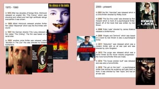 1970 - 1990
In 1972 After two decades of foreign films, Hitchcock
released an english film “The Frenzy” which was
shocking and violent and had high certificate ratings
everywhere it was shown.
In 1929 Alfred Hitchcock released another thriller
film called “Blackmail” which was the first thriller with
sound
In 1931 the German director Fritz Lang released a
film called “The Chilling”. The film was based on a
serial killer.
In 1933 another crime thriller was released called
“Murders In The Zoo” this was directed by Edward
Sutherland.
2000 - present
In 2001 the film “Hannibal” was released which is
a crime thriller directed by Ridley Scott.
In 2006 “The Da Vinci code” was directed by Ron
Howard which is more of a psychological thriller.
Based off of the book that was written by Dan
Brown.
In 2008 “Eden Lake” directed by James Watkins
released a thriller/horror.
In 2009 “Angels and Demons” which was based
on a book by Dan Brown is also a psychological
thriller.
In 2011 “Abduction” was released which was a
modern thriller with an all star cast and was
directed by John Singleton.
In 2013 The purge was released which was a
horror thriller as the movie industry progresses -
the more horror/thriller films are made.
In 2014 “The house october built” was released
and was also a horror/thriller.
In 2016 “The girl on the train” - a psychological
thriller that entices the audience and gets them to
think. It was directed by Tate Taylor, and had an
all star cast.
 