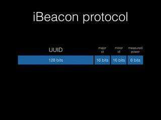 iBeacon protocol 
UUID major 
id 
minor 
id 
measured 
power 
128 bits 16 bits 16 bits 8 bits 
 