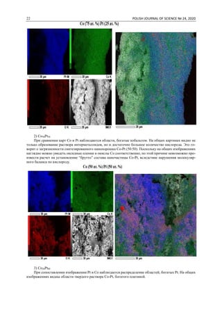 22 POLISH JOURNAL OF SCIENCE № 24, 2020
2) Co50Pt50
При сравнении карт Co и Pt наблюдаются области, богатые кобальтом. На общих картинах видно не
только образование раствора интерметаллидов, но и достаточно большое количество кислорода. Это го-
ворит о загрязненности синтезированного нанопорошка Co-Pt (50:50). Поскольку на общих изображениях
наглядно можно увидеть оксидные пленки и окислы Co соответственно, по этой причине невозможно про-
извести расчет на установление “брутто” состава наночастицы Co-Pt, вследствие нарушения молекуляр-
ного баланса по кислороду.
3) Co20Pt80
При сопоставлении изображении Pt и Co наблюдается распределение областей, богатых Pt. На общих
изображениях видны области твердого раствора Co-Pt, богатого платиной.
 