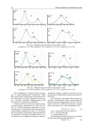 24 POLISH JOURNAL OF SCIENCE № 24, 2020
Рисунок 2. Дифрактограммы твёрдого раствора Co50Pt50:
а) рефлексы 111 и 200; б) рефлекс 220; в) рефлексы 311 и 222; г) рефлексы 331 и 420
Рисунок 3. Дифрактограммы твёрдого раствора Co75Pt25:
а) рефлексы 111 и 200; б) рефлекс 220; в) рефлексы 311 и 222; г) рефлексы 331 и 420
Было обнаружено 7 основных пиков, отнесен-
ных к гранецентрированной кубической (ГЦК)
фазе. Постепенное уменьшение интенсивности пи-
ков наблюдалось по мере увеличения количества
Со в частицах. Основные дифракционные пики
были близки к платиновому положению.
Однако при более детальном анализе пиков,
соответствующих отражениям (111, 200, 220, 311,
222, 331 и 420), наблюдается небольшой и посте-
пенный сдвиг их положения на более высокие углы
с увеличением содержания Со (рис.1-3). Это указы-
вает на ожидаемое уменьшение параметра решетки
по сравнению с платиной. Смещение пиков до бо-
лее высоких углов дифракции, вероятно, связано с
внедрением кобальта в решетку платины, что сви-
детельствует об образовании твердого раствора Co-
Pt [21-26].
На следующем этапе работы была оценка па-
раметров элементарной ячейки кристаллической
решетки наноструктурированных систем Co-Pt, ко-
торая относится к кубической сингонии, поэтому
расчет выполняется по следующей формуле [27]:
1/d2
= (h2
+ k2
+ l2
) / a2
(3)
где d – межплоскостное расстояние, Å,
h, k, l – индексы Миллера,
a – параметр решетки, Å.
Для нахождения межплоскостного расстояния
используется уравнение Вульфа-Брэгга:
2d sin θ = n λ (4)
 