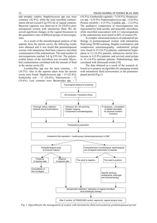 32 POLISH JOURNAL OF SCIENCE № 24, 2020
and atrophic colpitis, Staphylococcus spp was most
common. (42.8%), while the total microbial contami-
nation did not exceed 6 lg CFU/ml of vaginal contents.
Bacterial vaginosis was observed in 26 (38.8%) post-
menopausal women with intrauterine fluid. We ob-
served significant changes in the vaginal biocenosis in
the quantitative ratio of different groups of microorgan-
isms.
As a result of the microbiological analysis of the
aspirate from the uterine cavity, the following results
were obtained and it was found that postmenopausal
women with intrauterine fluid had a massive microbial
contamination of the endometrium. The total number of
microorganisms reached 5-8 lg CFU/ml. The polymi-
crobial nature of the microflora was revealed. Micro-
bial contamination correlated with the amount of fluid
in the uterine cavity [9].
Lactobacillus spp was the most common. - 23
(34.3%). Also in the aspirate taken from the uterine
cavity were found: Staphylococcus spp. - 15 (22.4%),
Escherichia coli - 11 (16.4%), Enterococcus - 11
(16.4%). Less common were Bacteroides spp. - 7
(10.5%), Gardnerella vaginalis - 7 (10.5%), Streptococ-
cus spp. - 6 (8.9%), Peptostreptococcus spp. - 6 (8.9%),
Proteus mirabilis - 4 (5.9%), Candida spp. - 2 (2.9%).
The qualitative composition of microorganisms was
represented by both aerobic and anaerobic microflora,
while microbial associations with 2-3 microorganisms
in the endometrium were noted in 88% of women [9].
In complex ultrasound analysis of endometrial pa-
thology in postmenopausal women with intrauterine
fluid using 3D/4D scanning, Doppler examination, and
compression sonoelastography, endometrial polyps
were found in 23 (34.3%) patients, endometrial hyper-
plasia in 11 (16.4%) patients, submucous uterine leio-
myoma in 4 (5.9%) patients, and cervical canal polyps
in 10 (14.9%) patients patients. Pathohistology data
correlated with ultrasound results [10].
The data obtained as a result of the research al-
lowed us to propose an algorithm for managing women
with intrauterine fluid (serosometra) in the postmeno-
pausal period (Fig.1).
Transvaginal ultrasound screening
US-conclusion "Intrauterine fluid»
- Thorough history collection
- General clinical examinations
- Ultrasonic 3D / 4D scanning
- Doppler mapping
- Compression sonoelastography
If necessary - consultation
of related specialists
for physical condition
correction
Preoperative preparation
Intrauterine fluid aspiration + hysteroscopy (hysteroresectoscopy) or D&C
Histopathological study
of received material
Presence
of atypical cells
Absence
of atypical cells
Consultation of
the oncologist
Specific etiotropic
antibacterial, antifungal,
and antiviral therapy
Comprehensive microbiological, bacteriological
and virological examination of aspirate
The result is negative The result is positive
Symptomatic treatment, restoration of vaginal microflora,
local antiatrophy therapy
After 3 months: ULTRASOUND control, vaginal pH, vaginal atrophy index
Fig. 1 Algorithm for the management of women with intrauterine fluid (serosometra) postmenopausal period
 