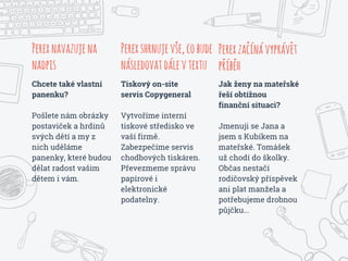 Perexnavazujena
nadpis
Chcete také vlastní
panenku?
Pošlete nám obrázky
postaviček a hrdinů
svých dětí a my z
nich uděláme
panenky, které budou
dělat radost vašim
dětem i vám.
Tiskový on-site
servis Copygeneral
Vytvoříme interní
tiskové středisko ve
vaší firmě.
Zabezpečíme servis
chodbových tiskáren.
Převezmeme správu
papírové i
elektronické
podatelny.
Jak ženy na mateřské
řeší obtížnou
finanční situaci?
Jmenuji se Jana a
jsem s Kubíkem na
mateřské. Tomášek
už chodí do školky.
Občas nestačí
rodičovský příspěvek
ani plat manžela a
potřebujeme drobnou
půjčku...
Perexshrnujevse,cobude
následovatdálevtextu
Perexzacínávyprávet
príbeh
 