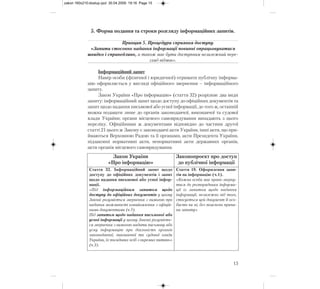 5. Форма подання та строки розгляду інформаційних запитів.
Принцип 5. Процедури сприяння доступу.
«Запити стосовно надання інформації повинні опрацьовуватися
швидко і справедливо, а також має бути доступним незалежний пере-
гляд відмов».
Інформаційний запит
Намір особи (фізичної і юридичної) отримати публічну інформа-
цію оформляється у вигляді офіційного звернення – інформаційного
запиту.
Закон України «Про інформацію» (стаття 32) розрізняє два види
запиту: інформаційний запит щодо доступу до офіційних документів та
запит щодо надання письмової або усної інформації, до того ж, останній
можна подавати лише до органів законодавчої, виконавчої та судової
влади України; органи місцевого самоврядування випадають з цього
переліку. Офіційними ж документами відповідно до частини другої
статті 21 цього ж Закону є законодавчі акти України, інші акти, що при-
ймаються Верховною Радою та її органами, акти Президента України,
підзаконні нормативні акти, ненормативні акти державних органів,
акти органів місцевого самоврядування.
15
Закон України
«Про інформацію»
Законопроект про доступ
до публічної інформації
Стаття 32. Інформаційний запит щодо
доступу до офіційних документів і запит
щодо надання письмової або усної інфор-
мації.
«Під інформаційним запитом щодо
доступу до офіційних документів у цьому
Законі розуміється звернення з вимогою про
надання можливості ознайомлення з офіцій-
ними документами (ч.1).
Під запитом щодо надання письмової або
усної інформації у цьому Законі розумієть-
ся звернення з вимогою надати письмову або
усну інформацію про діяльність органів
законодавчої, виконавчої та судової влади
України, їх посадових осіб з окремих питань»
(ч.3).
Стаття 19. Оформлення запи-
тів на інформацію (ч.1).
«Кожна особа має право зверну-
тися до розпорядника інформа-
ції із запитом щодо надання
інформації, незалежно від того,
стосується цей документ її осо-
бисто чи ні, без пояснень причи-
ни запиту»
zakon 160x210:dostup.qxd 30.04.2009 19:16 Page 15
 