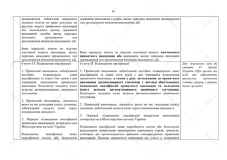 57
провадження, зобов'язані переказати
залишок коштів на таких рахунках на
рахунок іншого приватного виконавця
або відповідного органу державної
виконавчої служби, якому передано
виконавчі провадження для
продовження вчинення виконавчих дій.
Банк переказує кошти на підставі
платіжної вимоги виконавця, якому
передано виконавчі провадження для
продовження вчинення виконавчих дій.
державної виконавчої служби, якому передано виконавчі провадження
для продовження вчинення виконавчих дій.
Банк переказує кошти на підставі платіжної вимоги тимчасового
приватного виконавця або виконавця, якому передано виконавчі
провадження для продовження вчинення виконавчих дій.
Стаття 33. Підвищення кваліфікації
1. Приватний виконавець зобов'язаний
постійно підвищувати свою
кваліфікацію та кожні п'ять років з дня
отримання посвідчення приватного
виконавця безоплатно складати іспит
шляхом автоматизованого анонімного
тестування.
2. Приватний виконавець, діяльність
якого на час складення іспиту зупинена,
зобов'язаний скласти іспит перед
поновленням діяльності.
3. Порядок підвищення кваліфікації
приватним виконавцем затверджується
Міністерством юстиції України.
Підвищення кваліфікації може
передбачати платне або безоплатне
Стаття 33. Підвищення кваліфікації
1. Приватний виконавець зобов'язаний постійно підвищувати свою
кваліфікацію та кожні п'ять років з дня отримання посвідчення
приватного виконавця, а також у разу застосування до приватного
виконавця дисциплінарного стягнення у вигляді обов’язкового
підвищення кваліфікації приватного виконавця та складання
іспиту шляхом автоматизованого анонімного тестування,
безоплатно складати іспит шляхом автоматизованого анонімного
тестування.
2. Приватний виконавець, діяльність якого на час складення іспиту
зупинена, зобов'язаний скласти іспит перед поновленням діяльності.
3. Порядок підвищення кваліфікації приватним виконавцем
затверджується Міністерством юстиції України.
Підвищення кваліфікації може передбачати платне або безоплатне
відвідування приватними виконавцями навчальних курсів, тренінгів,
семінарів, що організовуються органами самоврядування приватних
виконавців. Відмова приватного виконавця від участі у зазначених
Див. пояснення змін до
статті 41 Закону
України «Про органи та
осіб, які здійснюють
примусове виконання
судових рішень і рішень
інших органів».
S
U
D
.ua
S
U
D
.ua
S
U
D
.ua
S
U
D
.ua
S
U
D
.ua
S
U
D
.ua
S
U
D
.ua
S
U
D
.ua
S
U
D
.ua
S
U
D
.ua
S
U
D
.ua
S
U
D
.ua
S
U
D
.ua
S
U
D
.ua
S
U
D
.ua
S
U
D
.ua
S
U
D
.ua
S
U
D
.ua
S
U
D
.ua
S
U
D
.ua
S
U
D
.ua
S
U
D
.ua
S
U
D
.ua
S
U
D
.ua
 