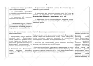 66
2) порушення правил професійної
етики приватного виконавця;
3) розголошення професійної
таємниці або вчинення дій, що призвели
до її розголошення;
4) невиконання або неналежне
виконання своїх обов’язків;
5) невиконання статуту Асоціації
приватних виконавців України, рішень
Ради приватних виконавців України та
з’їзду приватних виконавців України.
3) розголошення професійної таємниці або вчинення дій, що
призвели до її розголошення;
4) невиконання або неналежне виконання своїх обов’язків, що
призвели до порушення засад виконавчого провадження та
інтересів сторін виконавчого провадження і третіх осіб;
5) невиконання статуту Асоціації приватних виконавців України,
рішень Ради приватних виконавців України та з’їзду приватних
виконавців України.
Стаття 39. Дисциплінарна комісія
приватних виконавців
1. Дисциплінарна комісія приватних
виконавців (далі - Дисциплінарна
комісія) утворюється при Міністерстві
юстиції України для розгляду питань
притягнення приватних виконавців до
дисциплінарної відповідальності за
вчинення дисциплінарних проступків.
2. Положення про Дисциплінарну
комісію приватних виконавців
затверджується Міністерством юстиції
України.
Стаття 39. Дисциплінарна комісія приватних виконавців
1. Дисциплінарна комісія приватних виконавців (далі - Дисциплінарна
комісія) утворюється при Міністерстві юстиції України для розгляду
питань притягнення приватних виконавців до дисциплінарної
відповідальності за вчинення дисциплінарних проступків.
2. Положення про Дисциплінарну комісію приватних виконавців
затверджується Міністерством юстиції України.
3. До складу Дисциплінарної комісії входять дев'ять членів, по чотири
члени із яких призначаються Міністерством юстиції України, у тому
числі Міністр або заступник Міністра, та з'їздом приватних виконавців
України, один член призначається Радою суддів України.
Законом не встановлені
вимоги до протоколу, що
призводить до
скасування судами
рішень Дисциплінарної
комісії про застосування
до приватного
виконавця. Вважаємо
доцільним законодавчо
закріпити виключний
перелік підстав для
скасування рішення
Дисциплінарної комісії,
що дозволить уникнути
скасування судами
рішень про притягнення
приватних виконавців до
S
U
D
.ua
S
U
D
.ua
S
U
D
.ua
S
U
D
.ua
S
U
D
.ua
S
U
D
.ua
S
U
D
.ua
S
U
D
.ua
S
U
D
.ua
S
U
D
.ua
S
U
D
.ua
S
U
D
.ua
S
U
D
.ua
S
U
D
.ua
S
U
D
.ua
S
U
D
.ua
S
U
D
.ua
S
U
D
.ua
S
U
D
.ua
S
U
D
.ua
S
U
D
.ua
S
U
D
.ua
S
U
D
.ua
S
U
D
.ua
 