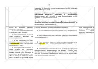 73
2) рішення не підписано членом Дисциплінарної комісії, який брав
участь в його ухваленні;
3) рішення не містить посилання на визначені законом підстави для
притягнення приватного виконавця до дисциплінарної
відповідальності або мотивів, з яких Дисциплінарна комісія
прийшла до відповідних висновків;
4) Дисциплінарною комісією порушено встановлений
законодавством порядок притягнення приватного виконавця до
дисциплінарної відповідальності.
Стаття 42. Зупинення діяльності
приватного виконавця
1. Діяльність приватного виконавця
зупиняється у таких випадках:
1) за власним бажанням на підставі
заяви приватного виконавця про
зупинення діяльності;
2) у разі тимчасової відсутності
приватного виконавця, що триває понад
10 календарних днів, - на строк такої
тимчасової відсутності;
3) якщо приватний виконавець не
уклав договору про страхування
цивільно-правової відповідальності на
належну страхову суму відповідно до
вимог частин третьої та четвертої статті
24 цього Закону - на строк до укладення
такого договору, але не більш як на один
Стаття 42. Зупинення діяльності приватного виконавця
1. Діяльність приватного виконавця зупиняється у таких випадках:
1) за власним бажанням на підставі заяви приватного виконавця про
зупинення діяльності;
2) у разі тимчасової відсутності приватного виконавця, що триває
понад 10 робочих днів, - на строк такої тимчасової відсутності;
3) якщо приватний виконавець не уклав договору про страхування
цивільно-правової відповідальності на належну страхову суму
відповідно до вимог частин третьої та четвертої статті 24 цього Закону
- на строк до укладення такого договору, але не більш як на один місяць
з дня встановлення цих обставин;
Зміни пропонуються з
метою забезпечення
належного права
приватного виконавця на
відпочинок
S
U
D
.ua
S
U
D
.ua
S
U
D
.ua
S
U
D
.ua
S
U
D
.ua
S
U
D
.ua
S
U
D
.ua
S
U
D
.ua
S
U
D
.ua
S
U
D
.ua
S
U
D
.ua
S
U
D
.ua
S
U
D
.ua
S
U
D
.ua
S
U
D
.ua
S
U
D
.ua
S
U
D
.ua
S
U
D
.ua
S
U
D
.ua
S
U
D
.ua
S
U
D
.ua
S
U
D
.ua
S
U
D
.ua
S
U
D
.ua
 