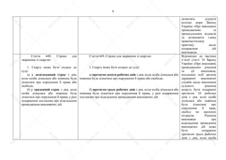 9
дозволять усунути
колізію норм Закону
України «Про виконавче
провадження» та
процесуальних кодексів
та встановити єдину
правозастосовну
практику щодо
оскарження дій
виконавців
Стаття 449. Строки для
звернення зі скаргою
1. Скаргу може бути подано до
суду:
а) у десятиденний строк з дня,
коли особа дізналася або повинна була
дізнатися про порушення її права або
свободи;
б) у триденний строк з дня, коли
особа дізналася або повинна була
дізнатися про порушення її права, у разі
оскарження постанови про відкладення
провадження виконавчих дій.
Стаття 449. Строки для звернення зі скаргою
1. Скаргу може бути подано до суду:
а) протягом десяти робочих днів з дня, коли особа дізналася або
повинна була дізнатися про порушення її права або свободи;
б) протягом трьох робочих днів з дня, коли особа дізналася або
повинна була дізнатися про порушення її права, у разі оскарження
постанови про відкладення провадження виконавчих дій.
Відповідно до частини
п’ятої статті 74 Закону
України «Про виконавче
провадження» рішення
та дії виконавця,
посадових осіб органів
державної виконавчої
служби щодо виконання
судового рішення
можуть бути оскаржені
протягом 10 робочих
днів з дня, коли особа
дізналася або повинна
була дізнатися про
порушення її прав,
свобод чи законних
інтересів. Рішення
виконавця про
відкладення проведення
виконавчих дій може
бути оскаржене
протягом трьох робочих
днів з дня, коли особа
S
U
D
.ua
S
U
D
.ua
S
U
D
.ua
S
U
D
.ua
S
U
D
.ua
S
U
D
.ua
S
U
D
.ua
S
U
D
.ua
S
U
D
.ua
S
U
D
.ua
S
U
D
.ua
S
U
D
.ua
S
U
D
.ua
S
U
D
.ua
S
U
D
.ua
S
U
D
.ua
S
U
D
.ua
S
U
D
.ua
S
U
D
.ua
S
U
D
.ua
S
U
D
.ua
S
U
D
.ua
S
U
D
.ua
S
U
D
.ua
 