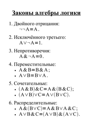 Законы алгебры логики
1. Двойного отрицания:
     ¬¬A=A .
2. Исключённого третьего:
     A∨¬A=1.
3. Непротиворечия:
     A & ¬A=0 .
4. Переместительные:
  ●  A & B=B & A ;
  ●  A∨B=B∨A .
5. Сочетательные:
  ●  A & B& C=A & B & C;
  ●  A∨B∨C=A∨B∨C.
6. Распределительные:
  ●  A &B∨C=A & B∨A & C ;
  ●  A∨B & C=A∨B& A∨C.
 