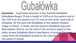 Gubałówka - longitudinal elevation in the foothills Gubałówka
(Gubałówka Range). It has a height of 1120 m at the eastern end of
the 1129 m at the western end. It rises on the north- west side of
Zakopane. On the east side Gubałówka is the highest situated
village in Poland - A tooth, and the western Gubałówka adjacent
Butorowskim Wierch. At the foot of the northern slopes of the
valley stream Gubałówka Bystre New Bystre is located. The name
comes from the Gubałówka located on the clearing Gubałówka, while
the names of Gubała .
 