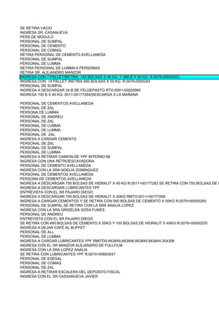 SE RETIRA VACIO
INGRESA SR. CASANUEVA
PERS.DE MODULO
PERSONAL DE SUMPAL
PERSONAL DE CEMENTO
PERSONAL DE COMAQ
RETIRA PERSONAL DE CEMENTO AVELLANEDA
PERSONAL DE SUMPAL
PERSONAL DE LUMMA
RETIRA PERSONAL DE LUMMA 6 PERSONAS
RETIRA SR. ALEJANDRO MANZOR
INGRESA CON 7 PALLET/RETIRA 150 BOLSAS X 40 KG. Y 480 B X 50 KG. R:0076-00000253
INGRESA CON 14 PALLET /RETIRA 560 BOLSAS X 50 KG. R:0076-0000254
PERSONAL DE SUMPAL
INGRESA A DESCARGAR 24 B DE FELDEPASTO RTO:0001-00020960
INGRESA 700 B X 40 KG. 0011-00177264/DESCARGA X LA MAÑANA

PERSONAL DE CEMENTOS AVELLANEDA
PERSONAL DE ZAL
PERSONA DE LUMMA
PERSONAL DE ANDREU
PERSONAL DE ZAL
PERSONAL DE LUMMA
PERSONAL DE LUMMA
PERSONAL DE ZAL
INGRESA A CARGAR CEMENTO
PERSONAL DE ZAL
PERSONAL DE SUMPAL
PERSONAL DE LUMMA
INGRESA A RETIRAR CAMION DE YPF INTERNO:88
INGRESA CON UNA RETROESCAVADORA
PERSONAL DE CEMENTO AVELLANEDA
INGRESA CON LA SRA NOELIA DOMINGUEZ
PERSONAL DE CEMENTOS AVELLANEDA
PERSONA DE CEMENTOS AVELLANEDA
INGRESA A DESCARGAR 750 BOLSAS DE HIDRALIT X 40 KG R:0011=00177282 SE RETIRA CON 750 BOLSAS DE H
INGRESA A DESCARGAR LUBRICANTES YPF
ENTREVISTA CON EL SR PAJARO DIEGO
INGRESA A DESCARGAR 700 BOLSAS DE HIDRALIT X 40KG RMTO:0011=00177266
INGRESA A CARGAR CEMENTOS Y SE RETIRA CON 560 BOLSAS DE CEMENTO X 50KG R:0076=00000260
PERSONAL DE SUMPAL,SE RETIRA CON LA SRA ANALIA LOPEZ
INGRESA CON LA SRA GRISELDA SOSA FUNES
PERSONAL DE ANDREU
ENTREVISTA CON EL SR PAJARO DIEGO
SE RETIRA CON 480 BOLSAS DE CEMENTO X 50KG Y 100 BOLSAS DE HIDRALIT X 40KG R:0076=00000255
INGRESA A DEJAR CAFÉ AL BUFFET
PERSONAL DE ALL
PERSONAL DE LUMMA
INGRESA A CARGAR LUBRICANTES YPF RMITOS:663849,663846,663845,663844,304308
INGRESA CON EL SR MANZOR ALEJANDRO DE FULLFILM
INGRESA CON LA SRA LOPEZ ANALIA
SE RETIRA CON LUBRICANTES YPF R:0074=00663847
PERSONAL DE EDESAL
PERSONAL DE COMAQ
PERSONAL DE ZAL
INGRESA A RETIRAR ESCALERA DEL DEPOSITO FISCAL
INGRESA CON EL SR CASSANUEVA JAVIER
 