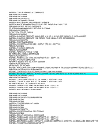 INGRESA CON LA SRA NOELIA DOMINGUEZ
PERSONAL DE LUMMA
PERSONAL DE LUMMA
PERSONAL DE CEMENTO
PERSONAL DE COMAQ GRUAS
INGRESA A RETIRAR AL SR CASSANUEVA JAVIER
INGRESA A DESCARGAR HIDRALIT 750 BOLSAS X 40KG R:0011-00177397
PERSONAL DE M D AUTOELEVADORES
SE RETIRA CON UNA GRUA PERTENECE A COMAQ
PERSONAL DE SUMPAL
ENTREVISTA CON SR ZABALA
PERSONAL DE LUMMA
INGRESA A CARGAR CEMENTO 560BOLSAS X 50 KG. Y 50 BOLSAS X 40 DE H.R:_0076-00000295
INGRESA A CARGAR CEMENTO Y SE RETIRA 700 B HIDRALIT RTO: 0076-00000294
PERSONAL DE SUMPAL
INGRESA A RETIRAR CAMIÓN
INGRESA A DESCARGAR 780 B DE HIDRALIT RTO:0011-00177400
PERSONAL DE ZAL
INGRESA A CARGAR CEMENTO
PERSONAL DE LUMMA
INGRESA PERSONAL TURNO TARDE
SE RETIRA SRA. NOELIA DOMINGUEZ
PERSONAL DE BUFFET
INGRESA 700 BOLSAS X 40 KG. DE HIDRALIT R:0011-001774405
INGRESA A CARGAR CEMENTOS
RETIRA 60 BOLSAS X 50 KG. R:0076-00000296
PERSONAL DE CEMENTO
ENTREVISTA SR. PAJARO
INGRESA A DESCARGAR CEMENTO 700 BOLSAS DE HIDRALIT X 40KG R:0011-00177411RETIRA 96 PALLET
PERSONAL DE CEMENTOS AVELLANEDA
INGRESA CON 1000 LITROS DEGASOIL PARA CEMENTO R:02-6556
INGRESA A CARGAR CEMENTO R:0076-00000296 :150 BOLSAS DE 40 KG. Y 480 BOLSAS X 50 KG.
PERSONAL DE COMAQ GRUAS
PERSONAL DE ANDREU
INGRESA CON 700 BOLSAS X40 KG. DE HIDRALIT R:0011-00177406
INGRESA CON700 BOLSAS X 40 KG. DE HIDRALIT R:0011-00177417
RETIRA PERSONAL DE LUMMA 6 PERSONAS
INGRESA 700 BOLSAS X 40 KG. DE HIDRALIT R:0011-00177420
INGRESA 700 BOLSAS X 40 KG. DE HIDRALIT R:0011-00177422
INGRESA A RETIRAR BOTCAT DELUMMA

PERSONAL DE LUMMA
PERSONAL DE LUMMA
PERSONAL DE CEMENTOS AVELLANEDA
PERSONAL DE ZAL
PERSONAL DE ZAL
INGRESA CON PERSONAL DELUMMA
PERSONAL DE ZAL
PERSONAL DE ZAL
PERSONAL DE SUMPAL
INGRESA A DESCARGAR SAL DOS ANCLAS
PERSONAL DE ZAL
INGRESA CON LA SRA NOELIA DOMINGUEZ
INGRESA 700 BOLSAS X 40 KG. DE HIDRALIT R:0011-00177420
INGRESA 700 BOLSAS X 40 KG. DE HIDRALIT R:0011-00177422
INGRESA CON 700 BOLSAS DE HIDRALIT X 40KG R:0011-00177439 Y SE RETIRA 440 BOLSAS DE CEMENTO Y 150
INGRESA A DESCARGAR LUBRICANTES YPF
 