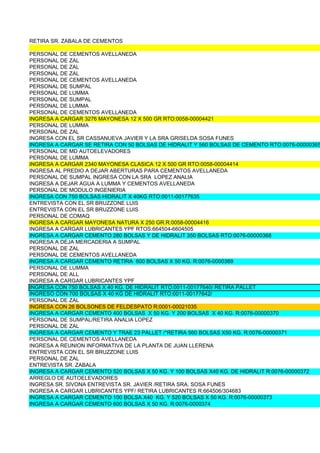 RETIRA SR. ZABALA DE CEMENTOS

PERSONAL DE CEMENTOS AVELLANEDA
PERSONAL DE ZAL
PERSONAL DE ZAL
PERSONAL DE ZAL
PERSONAL DE CEMENTOS AVELLANEDA
PERSONAL DE SUMPAL
PERSONAL DE LUMMA
PERSONAL DE SUMPAL
PERSONAL DE LUMMA
PERSONAL DE CEMENTOS AVELLANEDA
INGRESA A CARGAR 3276 MAYONESA 12 X 500 GR RTO:0058-00004421
PERSONAL DE LUMMA
PERSONAL DE ZAL
INGRESA CON EL SR CASSANUEVA JAVIER Y LA SRA GRISELDA SOSA FUNES
INGRESA A CARGAR SE RETIRA CON 50 BOLSAS DE HIDRALIT Y 560 BOLSAS DE CEMENTO RTO:0076-00000365
PERSONAL DE MD AUTOELEVADORES
PERSONAL DE LUMMA
INGRESA A CARGAR 2340 MAYONESA CLASICA 12 X 500 GR RTO:0058-00004414
INGRESA AL PREDIO A DEJAR ABERTURAS PARA CEMENTOS AVELLANEDA
PERSONAL DE SUMPAL INGRESA CON LA SRA LOPEZ ANALIA
INGRESA A DEJAR AGUA A LUMMA Y CEMENTOS AVELLANEDA
PERSONAL DE MODULO INGENIERIA
INGRESA CON 750 BOLSAS HIDRALIT X 40KG RTO:0011-00177635
ENTREVISTA CON EL SR BRUZZONE LUIS
ENTREVISTA CON EL SR BRUZZONE LUIS
PERSONAL DE COMAQ
INGRESA A CARGAR MAYONESA NATURA X 250 GR.R:0058-00004416
INGRESA A CARGAR LUBRICANTES YPF RTOS:664504-6604505
INGRESA A CARGAR CEMENTO 280 BOLSAS Y DE HIDRALIT 350 BOLSAS RTO:0076-00000368
INGRESA A DEJA MERCADERIA A SUMPAL
PERSONAL DE ZAL
PERSONAL DE CEMENTOS AVELLANEDA
INGRESA A CARGAR CEMENTO RETIRA 600 BOLSAS X 50 KG. R:0076-0000369
PERSONAL DE LUMMA
PERSONAL DE ALL
INGRESA A CARGAR LUBRICANTES YPF
INGRESA CON 750 BOLSAS X 40 KG. DE HIDRALIT RTO:0011-00177640/ RETIRA PALLET
INGRESO CON 700 BOLSAS X 40 KG DE HIDRALIT RTO:0011-00177642/
PERSONAL DE ZAL
INGRESA CON 26 BOLSONES DE FELDESPATO R:0001-00021035
INGRESA A CARGAR CEMENTO 400 BOLSAS X 50 KG. Y 200 BOLSAS X 40 KG. R:0076-00000370
PERSONAL DE SUMPAL/RETIRA ANALIA LOPEZ
PERSONAL DE ZAL
INGRESA A CARGAR CEMENTO Y TRAE 23 PALLET /*RETIRA 560 BOLSAS X50 KG. R:0076-00000371
PERSONAL DE CEMENTOS AVELLANEDA
INGRESA A REUNION INFORMATIVA DE LA PLANTA DE JUAN LLERENA
ENTREVISTA CON EL SR BRUZZONE LUIS
PERSONAL DE ZAL
ENTREVISTA SR. ZABALA
INGRESA A CARGAR CEMENTO 520 BOLSAS X 50 KG. Y 100 BOLSAS X40 KG. DE HIDRALIT R:0076-00000372
ARREGLO DE AUTOELEVADORES
INGRESA SR. SIVONA ENTREVISTA SR. JAVIER /RETIRA SRA. SOSA FUNES
INGRESA A CARGAR LUBRICANTES YPF/ RETIRA LUBRICANTES R:664506/304683
INGRESA A CARGAR CEMENTO 100 BOLSA X40 KG. Y 520 BOLSAS X 50 KG. R:0076-00000373
INGRESA A CARGAR CEMENTO 600 BOLSAS X 50 KG. R:0076-0000374
 