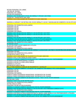RETIRA PERSONAL DE LUMMA
 RETIRA SR. SIVONA
PERSONAL DE LUMMA
RETIRA SR CASANUEVA
INGRESA CON 700 BOLSAS X 40 KG. DE HIDRALIT RTO:0011-00177658
DUEÑO DE TRANSPORTE SAN JOSE
INGRESA CON 26 BOLSONES DE FELDESPATO R:0001-00021036

INGRESA A CARGAR Y SE RETIRA CON 150 DE HIDRALIT X 40 KG Y 480 BOLSAS DE CEMENTO X 50 KG RTO:007

PERSONAL DE CEMENTOS AVELLANEDA
PERSONAL DE ZAL
PERSONAL DE ZAL
PERSONAL DE ZAL
PERSONAL DE SUMPAL
INGRESA CON 700 BOLSAS DE HIDRALIT X 40 KG RTO:0011-00177677
INGRESA CON 700 BOLSAS DE HIDRALIT X 40 KG RTO:0011-00177672
PERSONAL DE ZAL
INGRESA CON 700 BOLSAS DE HIDRALIT X 40 KG RTO:0011-00177673
SE RETIRA CON 600 BOLSAS DE CEMENTO X 50 KG RTO:0076-00000378
INGRESA CON 700 BOLSAS DE HIDRALIT X40 KG RTO:0011-00177678
PERSONAL DE CEMENTOS AVELLANEDA
SE RETIRA VACIO
SE RETIRA PARA LAVAR CAMION DE LA PLAYA
PERSONAL DE SUMPAL
PERSONAL DE CEMENTOS AVELLANEDA
INGRESA A DESCARGAR 700 BOLSAS DE HIDRALIT X 40 KG R:0011-00176819 Y SE RETIRA CON 400 BOLSAS DE
PERSONAL DE NIZA
PERSONAL DE CEMENTOS AVELLANEDA
ENTREVISTA CON EL SR GIL
INGRESA CON 24 BOLSONES DE FELDESPATO RTO:0001-00021039
INGRESA CON LA SRA GRISELDA SOSA FUNES
INGRESA A CARGAR CEMENTO/150 BOLSAS X 40 Y 480 BOLSAS X 50 KG. R:0076-00000381
INGRESA A DEJAR MERCADERIA A SUMPAL
INGRESA A DEJAR A LA SRA LOPEZ ANALIA
INGRESA A LA PLAYA
ENTREVISTA CON EL SR GIL
PG LA TOMA INGRESA 22 BOLSA DE FELDESPATO Y 22 PALLET
INGRESA A CARGAR CEMENTO 120 BOLSA DE CEMENTOY 600 HIDRALIT RTO: 0076-00000382
PERSONAL DE ZAL
PERSONAL DE ZAL
PÈRSONAL DE SUMPAL
AGRICULTORES FEDERADOS ARGENTINOS ENTRRVISTA SR. PAJARO
AGRICULTORES FEDERADOS ARGENTINOS ENTRRVISTA SR. PAJARO
INGRESA A CARGAR CEMENTO 80 BOLSAS X 50 KG. Y 600 X 40 KG. R:0076-00000383
RETIRA SRA. SOSA
INGRESA CON15 PALLET/SE RETIRA IGUAL
PERSONAL DE CEMENTOS AVELLANEDA
RETIRA ANALIA LOPÈZ
PERSONAL DE MD AUTOELEVADORES
INGRESA A CARGAR CEMENTO 560 BOLASA X50 KG. R:0076-00000384
INGRESA CON 700 BOLSAS DE HIDRALIT X 40 KG RTO:0011-00177694/DEJA CAMION PLAYA
PERSONAL DE CEMENTOS AVELLANEDA
INGRESA A CARGAR CEMENTO 600 BOLSAS X50 KG. R:0076-00000385
INGRESA A RETIRAR AUTOELEVADOR RETRACTIL MARCA LINDE MODELO R:20 PERTENECIENTE A PRUDEN
INGRESA CON 700 BOLSAS DE HIDRALIT X 40 KG RTO:0011-00177696
INGRESA A CARGAR CEMENTO560 BOLSAS X 50 KG. DE CEMENTGO R:0076-00000386/387
 