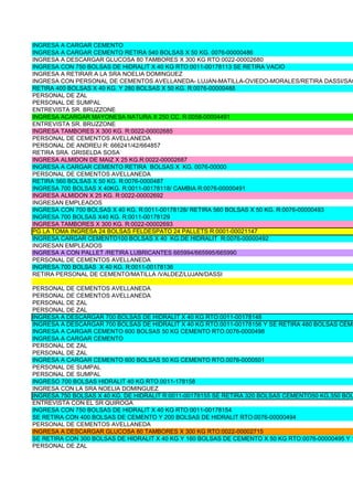 INGRESA A CARGAR CEMENTO
INGRESA A CARGAR CEMENTO RETIRA 540 BOLSAS X 50 KG. 0076-00000486
INGRESA A DESCARGAR GLUCOSA 80 TAMBORES X 300 KG RTO:0022-00002680
INGRESA CON 750 BOLSAS DE HIDRALIT X 40 KG RTO:0011-00178113 SE RETIRA VACIO
INGRESA A RETIRAR A LA SRA NOELIA DOMINGUEZ
INGRESA CON PERSONAL DE CEMENTOS AVELLANEDA- LUJAN-MATILLA-OVIEDO-MORALES/RETIRA DASSI/SAQ
RETIRA 400 BOLSAS X 40 KG. Y 280 BOLSAS X 50 KG. R:0076-00000488
PERSONAL DE ZAL
PERSONAL DE SUMPAL
ENTREVISTA SR. BRUZZONE
INGRESA ACARGAR MAYONESA NATURA X 250 CC. R:0058-00004491
ENTREVISTA SR. BRUZZONE
INGRESA TAMBORES X 300 KG. R:0022-00002685
PERSONAL DE CEMENTOS AVELLANEDA
PERSONAL DE ANDREU R: 666241/42/664857
RETIRA SRA. GRISELDA SOSA
INGRESA ALMIDON DE MAIZ X 25 KG.R:0022-00002687
INGRESA A CARGAR CEMENTO RETIRA BOLSAS X KG. 0076-00000
PERSONAL DE CEMENTOS AVELLANEDA
RETIRA 560 BOLSAS X 50 KG. R:0076-0000487
INGRESA 700 BOLSAS X 40KG. R:0011-00178118/ CAMBIA R:0076-00000491
INGRESA ALMIDON X 25 KG. R:0022-00002692
INGRESAN EMPLEADOS
INGRESA CON 700 BOLSAS X 40 KG. R:0011-00178128/ RETIRA 560 BOLSAS X 50 KG. R:0076-00000493
INGRESA 700 BOLSAS X40 KG. R:0011-00178129
INGRESA TAMBORES X 300 KG. R:0022-00002693
PG LA TOMA INGRESA 24 BOLSAS FELDESPATO 24 PALLETS R:0001-00021147
INGRESA CARGAR CEMENTO100 BOLSAS X 40 KG.DE HIDRALIT R:0076-00000492
INGRESAN EMPLEADOS
INGRESA A CON PALLET /RETIRA LUBRICANTES 665994/665995/665990
PERSONAL DE CEMENTOS AVELLANEDA
INGRESA 700 BOLSAS X 40 KG. R:0011-00178136
RETIRA PERSONAL DE CEMENTO/MATILLA /VALDEZ/LUJAN/DASSI

PERSONAL DE CEMENTOS AVELLANEDA
PERSONAL DE CEMENTOS AVELLANEDA
PERSONAL DE ZAL
PERSONAL DE ZAL
INGRESA A DESCARGAR 700 BOLSAS DE HIDRALIT X 40 KG RTO:0011-00178148
INGRESA A DESCARGAR 700 BOLSAS DE HIDRALIT X 40 KG RTO:0011-00178156 Y SE RETIRA 480 BOLSAS CEME
INGRESA A CARGAR CEMENTO 600 BOLSAS 50 KG CEMENTO RTO.0076-0000498
INGRESA A CARGAR CEMENTO
PERSONAL DE ZAL
PERSONAL DE ZAL
INGRESA A CARGAR CEMENTO 600 BOLSAS 50 KG CEMENTO RTO.0076-0000501
PERSONAL DE SUMPAL
PERSONAL DE SUMPAL
INGRESO 700 BOLSAS HIDRALIT 40 KG RTO.0011-178158
INGRESA CON LA SRA NOELIA DOMINGUEZ
INGRESA 750 BOLSAS X 40 KG. DE HIDRALIT R:0011-00178155 SE RETIRA 320 BOLSAS CEMENTO50 KG,350 BOL
ENTREVISTA CON EL SR QUIROGA
INGRESA CON 750 BOLSAS DE HIDRALIT X 40 KG RTO:0011-00178154
SE RETIRA CON 400 BOLSAS DE CEMENTO Y 200 BOLSAS DE HIDRALIT RTO:0076-00000494
PERSONAL DE CEMENTOS AVELLANEDA
INGRESA A DESCARGAR GLUCOSA 80 TAMBORES X 300 KG RTO:0022-00002715
SE RETIRA CON 300 BOLSAS DE HIDRALIT X 40 KG Y 160 BOLSAS DE CEMENTO X 50 KG RTO:0076-00000495 Y 1
PERSONAL DE ZAL
 