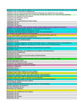 INGRESA CON 700 BOLSAS DE HIDRALIT X 40 KG RTO:0011-00178200/ RETIRA 560 BOLSAS X 50 KG. R:0076-0000
INGRESA CON LA SRA NOELIA DOMINGUEZ
INGRESA CON LOS SRES ESCACERES/ROVERA PERSONAL DE CEMENTOS AVELLANEDA
INGRESA CON SAL GRUESA PAQ 15 X 1 KG EKI SAL ENTREFINA POLVO 10 X 1KG RTO:0002-00065345
PERSONAL DE CEMENTOS AVELLANEDA
INGRESA CON PERSONAL DE ALL
PERSONAL DE SUMPAL
INGRESA CON LA SRA GRISELDA SOSA FUNES
PERSONAL DE ZAL
PERSONAL DE ALL
PERSONAL DE SUMPAL
INGRESA AL PREDIO CO 1000 LTROS DE GASOIL PARA CEMENTOS AVELLANEDA RTO:005166
INGRESA CON 700 BOLSAS DE HIDRALIT X 40 KG RTO:0011-00178210
INGRESA A CARGAR CEMENTO/RETIRA 300 PALLET
SE RETIRA CON 600 BOLSAS DE CEMENTO X 50 KG RTO:0076-00000508
SE RETIRA CON LUBRICANTES YPF RTO:667006
PG LA TOMA INGRESA 24 BOLSAS FELDESPATO 24 PALLETS R:0001-00021159
ENTREVISTA CON LA SRA NOELIA DOMINGUEZ
INGRESA CON 700 BOLSAS DE HIDRALIT X 40 KG RTO 011-00178219
ENTREVISTA CON LA SR BRUZZONE
PERSONAL DE ALL
INGRESA A CARGAR CEMENTO/ RETIRA 200 BOLSAS X40 KG. Y 400 BOLSAS X 50 KG. R:0076-00000510
INGRESA A CARGAR CEMENTO 100 BOLSAS X 40 KG.Y 520 X 50 KG. R:0076-00000514
PERSONAL DE ZAL
INGRESA CON 700 BOLSAS DE HIDRALIT X 40 KG RTO:0011-00178210
SE RETIRA VACIO
INGRESA CON PERSONAL DE CEMENTOS AVELLANEDA / RETIRA MATILLA
RETIRA NOELIA DOMINGUEZ
PERSONAL DE ZAL
INGRESA ELECTRICISTA A COLOCAR AIRE ACONDICIONADO
PERSONAL DE BUFFET
INGRESA A CARGAR MAYONESA NATURA X 250 CC R:0058-00004511P:38200 V:16680
RETIRA SRA SOSA FUNES
RETIRA MARTINEZ ALEJO/ JAEL
PERSONAL DE CEMENTOS AVELLANEDA
INGRESA LUBRICANTES R:6496/7091/7094/95
INGRESA A CEMENTO
PERSONAL DEALL
RETIRA 300 PALLET
INGRESA AGUA PARA CEMENTOS AVELLANEDA
INGRESA JARD. HORT. LEGUM. R:0177-00001025
INGRESASAL GRUESA X 1 KG. / SAL FINA X 250 GM. R:0016-00000017
INGRESA A CARGAR CEMENTO 600 BOLSA X50 KG. R:0076-00000522
INGRESA JARD. HORT. LEG. X 350 GR. R_0177-00001026
INGRESA ACARGAR CEMENTO RETIRA 560 BOLSASX 50 KG.R:0076-00000523
PERSONAL DE CEMENTOS AVELLANEDA
RETIRA MIRNA GOMEZ
INGRESA CARGAR CEMENTO560 BOLSAS X 50 KG R:0076-00000524
RETIRA PERSONAL DE CEMENTO
RETIRA PERSONAL DE ALL
PERSONAL DE CEMENTO

PERSONAL DE CEMENTOS AVELLANEDA
PERSONAL DE ZAL
PERSONAL DE ZAL
PERSONAL DE SUMPAL
PERSONAL DE ZAL
 