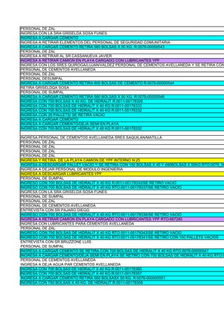 PERSONAL DE ZAL
INGRESA CON LA SRA GRISELDA SOSA FUNES
INGRESA A CARGAR CEMENTO
INGRESA A RETIRAR ELEMENTOS DEL PERSONAL DE SEGURIDAD COMUNITARIA
INGRESA A CARGAR CEMENTO RETIRA 560 BOLSAS X 50 KG. R:0076-00000543
PERSONAL DE ZAL
INGRESA A RETIRAR AL SR CASSANUEVA JAVIER
INGRESA A RETIRAR CAMION EN PLAYA CARGADO CON LUBRICANTES YPF
INGRESA CON LOS SRES QUIROGA/LUJAN/VALDEZ PERSONAL DE CEMENTOS AVELLANEDA Y SE RETIRA CON
PERSONAL DE CEMENTOS AVELLANEDA
PERSONAL DE ZAL
PERSONAL DESUMPAL
INGRESA A CARGAR CEMENTO RETIRA 600 BOLSAS DE CEMENTO R:0076-00000544
RETIRA GRISELDQA SOSA
PERSONAL DE SUMPAL
INGRESA A CARGAR CEMENTO RETIRA 560 BOLSAS X 50 KG. R:0076-00000546
INGRESA CON 700 BOLSAS X 40 KG. DE HIDRALIT R:0011-00178326
INGRESA CON 700 BOLSAS DE HIDRALIT X 40 KG R:0011-00178333
INGRESA CON 700 BOLSAS DE HIDRALIT X 40 KG R:0011-00178332
INGRESA CON 26 PALLETS/ SE RETIRA VACIO
INGRESA A CARGAR CEMENTO
INGRESA A CARGAR CEMENTO/DEJA SEMI EN PLAYA
INGRESA CON 700 BOLSAS DE HIDRALIT X 40 KG R:0011-00178332

INGRESA PERSONAL DE CEMENTOS AVELLANEDA SRES SAQUILAN/MATILLA
PERSONAL DE ZAL
PERSONAL DE ZAL
PERSONAL DE ZAL
PERSONAL DE ZAL
INGRESA Y RETIRA DE LA PLAYA CAMION DE YPF INTERNO N:25
INGRESA A DESCARGAR PALLET VACIO Y SE RETIRA CON 150 BOLSAS X 40 Y 480BOLSAS X 50KG RTO:0076_00
INGRESA A DEJAR PERSONAL DE MODULO INGENIERIA
INGRESA A DESCARGAR LUBRICANTES YPF
PERSONAL DE SUMPAL
INGRESO CON 700 BOLSAS DE HIDRALIT X 40 KG R:0011-00178332/SE RETIRO VACIO
INGRESO CON 700 BOLSAS DE HIDRALIT X 40 KG RTO:0011-00178337/SE RETIRO VACIO
INGRESA CON LA SRA GRISELDA SOSA FUNES
PERSONAL DE SUMPAL
PERSONAL DE ZAL
PERSONAL DE CEMENTOS AVELLANEDA
ENTREVISTA CON SR PAJARO DIEGO
INGRESO CON 700 BOLSAS DE HIDRALIT X 40 KG RTO:0011-00178336/SE RETIRO VACIO
INGRESA A RETIRAR CAMION EN PLAYA CARGADO CON LUBRICANTES YPF RTO:667280
INGRESA CON LUBRICANTES PARA CEMENTOS AVELLANEDA
PERSONAL DE ZAL
INGRESO CON 750 BOLSAS DE HIDRALIT X 40 KG RTO 0011-00178343/SE RETIRO VACIO
INGRESO CON 700 BOLSAS DE HIDRALIT X 40 KG RTO:0011-00178341/SE RETIRO CON 150 PALLETS VACIOS
ENTREVISTA CON SR BRUZZONE LUIS
PERSONAL DE SUMPAL
INGRESA A CARGAR CEMENTO SE RETIRA CON 700 BOLSAS DE HIDRALIT X 40 KG RTO:0076-00000547
INGRESA A CARGAR CEMENTO/DEJA SEMI EN PLAYA SE RETIRO CON 700 BOLSAS DE HIDRALIT X 40 KG RTO:0
PERSONAL DE CEMENTOS AVELLANEDA
INGRESA A DEJA AGUA PAR CEMENTOS AVELLANEDA
INGRESA CON 700 BOLSAS DE HIDRALIT X 40 KG R:0011-00178360
INGRESA CON 700 BOLSAS DE HIDRALIT X 40 KG R:0011-00178357
INGRESA A CARGAR CEMENTO RETIRA 560 BOLSASX 50 KG. R:0076-000000551
INGRESA CON 750 BOLSAS X 40 KG. DE HIDRALIT R:0011-00178358
 