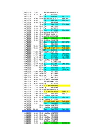 10/7/2009    7:55         ANDREU HRG 079
10/7/2009    8:15    8:17 ZAL     ASA 350
10/7/2009           18:01 CA      EUQ 493     EXJ 137
10/7/2009    8:30   11:05 ANDREU CJL 913      EAR 957
10/7/2009    8:45         CA      FFE 831     EZU 042
10/7/2009    8:55   16:39 CA      EKG 748
10/7/2009            9:00 CA      BDL 718     FCC 944
10/7/2009    9:05   18:01 ZAL     APV 782
10/7/2009    9:10    9:15 ZAL     GTD 055
10/7/2009    9:20   11:51 C A     EYU 521     SRA 658
10/7/2009    9:30    9:50 MUNC V MDRT 968
10/7/2009    9:35   10:00 DRAGO HCM 191
10/7/2009    9:50   13:30 ANDREU HXA 344
10/7/2009    9:55   11:55 NIZA    FMA 611     FND 991
10/7/2009   10:00   19:42 SUMPAL SKQ 132
10/7/2009           10:25 C A     ECJ 262     GPE 673
10/7/2009           10:25 C A     FRX 500
10/7/2009   10:45   13:55 C A     FST 089     FSU 030
10/7/2009   10:55   11:30 PG LA T HGW 900     FYQ 964
10/7/2009           11:00 CA      CJO958      EUV 596
10/7/2009   11:20   13:27 AGUNSA HJF 622
10/7/2009   11:25   15:54         TRH 179     VMX 611
10/7/2009   11:45   15:30 CA      DKG 634     FWV 539
10/7/2009   12:10   17:50 C A     GTF 695     HDZ 104
10/7/2009   12:16   12:50 LUMMA GCJ 634
10/7/2009   12:45         CA      CAMINANDO
10/7/2009   13:10   17:25 C A     GKI 895     VNS 846
10/7/2009   13:20   20:36 ZAL     CJQ 429
10/7/2009           13:50 CA      FWF 503     FZC 488
10/7/2009           13:50 CA      GMJ 292     GGR 250
10/7/2009   14:00   14:25 ZAL     ASA 350
10/7/2009   14:00   21:00 ZAL     EYY 815
10/7/2009   15:23   15:25 ZAL     CZY 375
10/7/2009   15:40         CA      FRX 500
10/7/2009   16:20   16:45 SUMPAL SHU 444
10/7/2009   16:54         ANDREU FKL 482
10/7/2009   16:58   17:05 ZAL     GTD 055
10/7/2009   17:23   18:26 DOS ANCEHB 817
10/7/2009   17:23   18:00 CA      EKG 748
10/7/2009   17:25   18:20 ANDREU HRG 079
10/7/2009   17:45   18:32 DOS ANCDEN 717LAS
                                  DEN 717     TEM739
10/7/2009   17:50   17:55 YPF     DRF 832     TEY 211
10/7/2009   17:55   18:55 LUMMA DMD 869
10/7/2009   18:02   20:58 C A     IFM 495     HZA 597
10/7/2009   18:27   18:50 LUMMA DYX 326
10/7/2009   18:43   19:22 PG LA T HGW 900     FYQ 964
10/7/2009   19:02         CA      VAH 493     HCR 081
10/7/2009           19:09 LUMMA UNZ 963
10/7/2009           19:12 LUMMA VRO 262
10/7/2009   20:05         CA      FQZ 730     GAJ 850

10/8/2009    6:35   19:52 LUMMA    UNZ 963
10/8/2009    6:38   10:45 C A      FRX 500
10/8/2009    6:40   19:52 LUMMA    VRO 262
10/8/2009    6:50   19:52 LUMMA    TCO 299
10/8/2009    6:55         SUMPAL   HGG 637
10/8/2009    7:00    9:55 NIZA     VSO 837    GKM 049
 