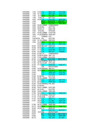 10/9/2009    7:30 13:50 C A       BNX 798     FCH 626
10/9/2009    7:40 13:10 C A       BDV 824     CGA 374
10/9/2009    7:45    8:15 NIZA    HLZ 287     HNW 458
10/9/2009    7:50    7:55 C A     DFT 703
10/9/2009    8:25 14:06 C A       EYU 521     SRA 658
10/9/2009    8:35         NIZA    AZX 570     SNY461
10/9/2009    8:35         NIZA    SVV 831     RDP 862
10/9/2009    8:50 19:00 LUMMA     CAMINANDO
10/9/2009    8:50 18:28 ZAL       AVP 782
10/9/2009    8:55 19:02 C A       EKG 748
10/9/2009    9:00    9:03 ZAL     GTD 055
10/9/2009    9:01 15:40 LUMMA     X 427150
10/9/2009    9:05 11:20 SUMPAL    HGG 637
10/9/2009    9:10         COMAQ   SD
10/9/2009    9:20 09.25 ALL       HLZ 702
10/9/2009    9:30 12:10 LUMMA     RSZ 653
10/9/2009    9:40 15:48 NIZA      CCF 661     BHG 767
10/9/2009          10:00 C A      EKL 930     EQT 878
10/9/2009   10:24 10:45 MD AUT    DRZ 628
10/9/2009   10:25 15:55 CA        FFE 831     EZU 042
10/9/2009   10:27 11:15 C A       EUQ 493     EXJ 137
10/9/2009   10:45 14:28 C A       IEE 534     GHR967
10/9/2009   10:50 21:00 C A       CAMINANDO
10/9/2009   10:55 12:08 GLOBAL    ABT 123
10/9/2009   11:00 11:05 LUMMA     GCJ 634
10/9/2009   22:40 11:25 CA        CJO 958     EUV 596
10/9/2009   11:26 18:59 SUMPAL    SKQ 132
10/9/2009   11:45 12:10 A D INF   DTU 349
10/9/2009   12:30 17:10 C A       HHS 523     HXG 271
10/9/2009   13:30         ZAL     MOTO PART
10/9/2009   13:05 13:25 SIMONS    IBN 515
10/9/2009   13:25 16:05 NIZA      VDA 819     RGE 755
10/9/2009   13:45         CA      GRG 023     GVZ 543
10/9/2009   13:45         CA      FVP 595     CKR 407
10/9/2009   14:00 21:00 ZAL       EYY 815
10/9/2009   14:08 18:35 LUMMA     TCO 299
10/9/2009   14:28 15:06 C A       GRL 837     FZF 779
10/9/2009   15:10 20:42 C A       FRW 362     ICD 553
10/9/2009   15:20 15:40 ANDREU    FKL 482
10/9/2009   15:45 21:00 ZAL
10/9/2009   16:00 16:07 LUMMA     DYX 326
10/9/2009   16:07 16:12 ALL       HLZ 702
10/9/2009   16:26 19:05 LUMMA     VRO 262
10/9/2009   17:02 18:52 C A       BKX 258     HNQ 576
10/9/2009   17:12 18:18 SUMPAL    HGG 637
10/9/2009   17:18 17:55 GOB       GAI 374
10/9/2009   17:27 18:20 C A       HDZ 113     FCH 622
10/9/2009   17:27 18:20 C A       FLJ 881     EGK 370
10/9/2009          17:35 C A      AYA 381     EFV 420
10/9/2009   17:56 18:12 LUMMA     DMD 869
10/9/2009   18:12 19:00 NIZA      DSX 132     DSM 722
10/9/2009   18:28 18:30 C A       BSM 931
10/9/2009   18:32         CA      EKC 421     GLP 611
10/9/2009   18:50    8:57 ZAL     MOTO PART
10/9/2009   18:57         CA      CJO 958     EUV 596
10/9/2009   19:08         CA      GGL 625     GKN 090
10/9/2009   20:10         CA      HEL 240     IEV 891
 