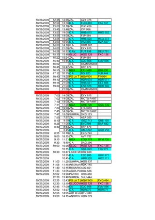 10/26/2009   12:45   12:55 ZAL       CZY 375
10/26/2009   12:50   13:50 C A       EUQ 493     EXJ 137
10/26/2009   13:00   18:10 ZAL       CJQ 429
10/26/2009   13:45   13:46 ZAL       CIP 996
10/26/2009   13:50   19:05 C A       HHB 015     HHO 552
10/26/2009   13:55   14:00 ZAL       FJP 589
10/26/2009   13:55   16:20 C A       HHS 520     HXQ 272
10/26/2009   14:00   16:25 C A       IFM 495     HZA 597
10/26/2009   14:00   14:10 C A       DDM 887
10/26/2009   14:00   21:00 ZAL       EYY 815
10/26/2009   14:58   16:32 C AV      FUT 838     DEU 751
10/26/2009   15:15   15:48 GLUC      HOO 726     FXC 136
10/26/2009   15:22   15:24 ZAL       FJP 589
10/26/2009   15:40   19:45 C A       CJO 958     EUV 596
10/26/2009   16:02         CA        CAMINANDO
10/26/2009   16:45   16:47 ZAL       BFP 879
10/26/2009   16:55   19:28 NIZA      EEH 480     DGI 630
10/26/2009   17:12   20:35 C A       BIY 823     VJB 444
10/26/2009   18:40   19:25 PG LA T   HGW900      FIK964
10/26/2009   19:10   21:00 C A       HDR 070     HDR 071
10/26/2009   19:15   21:00 C A       HHS 531     EEZ 666
10/26/2009   19:20   21:00 C A       ENB 575     HDM 582
10/26/2009           21:00 ZAL       CAMINANDO

10/27/2009    7:00   14:00 ZAL      EYY 815
10/27/2009    7:02   14:00 ZAL      MOTO PART
10/27/2009    7:10   14:00 ZAL      MOTO PART
10/27/2009    7:11   11:28 NIZA     GRE 726      GQU 722
10/27/2009    7:20   19:20 ZAL      EHU 069
10/27/2009    7:45   14:00 ZAL      MOTO PART
10/27/2009    7:47   15:00 SUMPAL SKQ 123
10/27/2009    7:55    7:57 ZAL      ASA 350
10/27/2009    8:10    9:50 C A      GGZ 713      GBE 105
10/27/2009    8:25   11:05 C A      EYG798       DAF 682
10/27/2009    8:40    8:43 ZAL      BFP 879
10/27/2009            8:45 C A      GMJ 292      GGR 250
10/27/2009    8:55   16:10 C A      EKG 748
10/27/2009    9:00   18:15 ZAL      AVP 782
10/27/2009    9:10   11:33 NIZA     EOO 779      BYM 735
10/27/2009    9:30    9:40 C A      DAG 296
10/27/2009   10:00   10:25 GLUC     HOO 726      FXC 136
10/27/2009           10:15 C A      GGL 624      FJA 975
10/27/2009   10:30   10:47 LINDE MD DRZ 628
10/27/2009           10:35 C A      FED 895      HOC 971
10/27/2009           10:45 C A      HRN 520      HOX 111
10/27/2009   11:00   11:20 SUMPAL HGG 637
10/27/2009   11:08   11:15 INTERURBANO
                                    HDK 145
10/27/2009   11:40   12:15 ROSARIOAOZ 821
                                     MINERALES
10/27/2009   11:43   12:05 AGUA PURA 536
                                    DOL
10/27/2009   12:02   13:20 PARTIC HRB 460
             12:20   13:40 SUMPAL SHU 444
10/27/2009   12:25   12:43 PG LA T HQW 900       FYQ 464
10/27/2009   12:30   13:10 GLUCOVIL OO 726
                                    H            FXC 136
10/27/2009   12:45   17:00 CA       CJO 958      EUV 596
10/27/2009   12:52   13:27 C A      HDR070       HDR071
10/27/2009   12:55   13:05 AUT D LA DTU 349
                                    INFO
10/27/2009   13:00   14:15 ANDREU HRG 079
 
