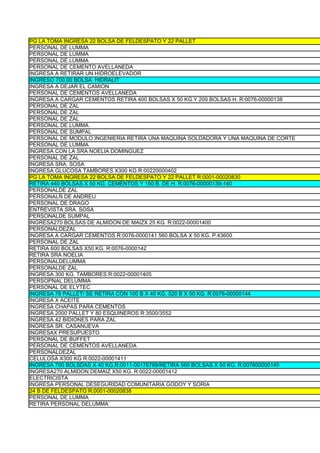 PG LA TOMA INGRESA 22 BOLSA DE FELDESPATO Y 22 PALLET
PERSONAL DE LUMMA
PERSONAL DE LUMMA
PERSONAL DE LUMMA
PERSONAL DE CEMENTO AVELLANEDA
INGRESA A RETIRAR UN HIDROELEVADOR
INGRESO 700,00 BOLSA HIDRALIT
INGRESA A DEJAR EL CAMION
PERSONAL DE CEMENTOS AVELLANEDA
INGRESA A CARGAR CEMENTOS RETIRA 400 BOLSAS X 50 KG.Y 200 BOLSAS H. R:0076-00000138
PERSONAL DE ZAL
PERSONAL DE ZAL
PERSONAL DE ZAL
PERSONAL DE LUMMA
PERSONAL DE SUMPAL
PERSONAL DE MODULO INGENIERIA RETIRA UNA MAQUINA SOLDADORA Y UNA MAQUINA DE CORTE
PERSONAL DE LUMMA
INGRESA CON LA SRA NOELIA DOMINGUEZ
PERSONAL DE ZAL
INGRESA SRA. SOSA
INGRESA GLUCOSA TAMBORES X300 KG.R:00220000402
PG LA TOMA INGRESA 22 BOLSA DE FELDESPATO Y 22 PALLET R:0001-00020830
RETIRA 440 BOLSAS X 50 KG. CEMENTOS Y 150 B. DE H. R:0076-00000139-140
PERSONALDE ZAL
PERSONALÑ DE ANDREU
PERSONAL DE DRAGO
ENTREVISTA SRA. SOSA
PERSONALDE SUMPAL
INGRESA270 BOLSAS DE ALMIDON DE MAIZX 25 KG. R:0022-00001400
PERSONALDEZAL
INGRESA A CARGAR CEMENTOS R:0076-0000141 560 BOLSA X 50 KG. P:43600
PERSONAL DE ZAL
RETIRA 600 BOLSAS X50 KG. R:0076-0000142
RETIRA SRA NOELIA
PERSONALDELUMMA
PERSONALDE ZAL
INGRESA 300 KG. TAMBORES R:0022-00001405
PERSOPNAL DELUMMA
PERSONAL DE ELYTEC
INGRESA 78 PALLET/ SE RETIRA CON 100 B X 40 KG. 520 B X 50 KG. R:0076-00000144
INGRESA X ACEITE
INGRESA CHAPAS PARA CEMENTOS
INGRESA 2000 PALLET Y 80 ESQUINEROS R:3500/3552
INGRESA 42 BIDIONES PARA ZAL
INGRESA SR. CASANUEVA
INGRESAX PRESUPUESTO
PERSONAL DE BUFFET
PERSONAL DE CEMENTOS AVELLANEDA
PERSONALDEZAL
CELULOSA X300 KG R:0022-00001411
INGRESA 700 BOLSDAS X 40 KG.R:0011-00176799/RETIRA 560 BOLSAS X 50 KG. R:007600000145
INGRESA270 ALMIDON DEMAIZ X50 KG. R:0022-00001412
ELECTRICISTA
INGRESA PERSONAL DESEGURIDAD COMUNITARIA GODOY Y SORIA
24 B DE FELDESPATO R:0001-00020838
PERSONAL DE LUMMA
RETIRA PERSONAL DELUMMA
 