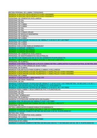 RETIRA PERONAL DE LUMMA 7 PERSONAS
INGRESA 24 BOLSAS DEFELDESPATO R:0001-000208880
INGRESA 24 BOLSAS DEFELDESPATO R:0001-000208879
PERSONAL DE CEMENTOS AVELLANEDA
PERSONAL DE ZAL
PERSONAL DE ZAL
PERSONAL DE LUMMA
PERSONAL DE LUMMA
PERSONAL DE ZAL
PERSONAL DE ZAL
PERSONAL DE COMAQ GRUAS
PERSONAL DE MODULO INGENIERIA
PERSONAL DE SUMPALL
PERSONAL DE LUMMA
INGRESA A DESCARGAR 700 BOLSA DE HIDRALIT X 40 KG.R: 0011-00176937
PERSONAL DE LUMMA
PERSONAL DE LUMMA
INGRESA CON LA SRA NOELIA DOMINGUEZ
INGRESA A CARGAR CEMENTO
INGRESA A CARGAR MAYONESA
INGRESA A CARGAR MAYONESA
PERSONAL DE CEMENTOS AVELLANEDA
PERSONAL DE MANTENIMIENTOS INDUSTRIALES
SE RETIRA CON 560BOLSAS DE 50 KG DE CENMENTO R:0076-00000178
INGRESA A DESCARGAR MAYONESA NATURA X 250 R:0011-00012472
PERSONAL DE SUMPALL
INGRESA A RETIRAR CAMION DE LA PLAYA COMAS RETIRA LUBRICANTES R:2432/2437/2479/AL 82 RETIRA 2600
INGRESA CON LA SRA GRISELDA SOSA FUNES
PERSONAL DE SUMPAL
INGRESA A DEJAR AGUA PARA SUMPAL/LUMMA/C AVELLANEDA
INGRESA A DESCARGAR 24 B DE FELDEPASTO Y 540KG PALLET R:0001-00020883
INGRESA A DESCARGAR 24 B DE FELDEPASTO Y 540KG PALLET R:0001-00020882
PERSONAL DE LUMMA
INGRESA A DESCARGAR LUBRICANTES YPF
INGRESA A RETIRAR TIRANTES
PERSONAL DE ZAL
INGRESA A DESCARGAR 750 BOLSAS DE HIDRALIT X 40 KG R:0011-00176958 RETIRA 150 BOLSAS X 40 DE H. Y 4
SE RETIRA CON 600 BOLSAS X 50 DE CEMENTO R: 0076-00000179
INGRESA A DESCARGAR 700 BOLSA DE HIDRALIT X 40 KG.R: 0011-00176959
INGRESA PARA LUMMA Y DEJA CAÑOS DE PVC Y PLANCHUELAS
PERSONAL DE ZAL
PERSONAL DE ZAL
RETIRA SRA. DOMINGUEZ
PERSONAL DE SUMPALL
INGRESA X COTIZACION ,ENTREVISTA SR.PAJARO
INGRESA CON 700 BOLSAS DE HIDRALIT R:0011-00176961
INGRESA A DESCARGAR MAYONESA NATURA X 250 R:0011-00012473
PERSONAL DE ZAL
RETIRA LUBRICANTES R:6662618/662475/303468/662474
INGRESA ACARGAR MAYONESA NATURA X 1000 CC R:0058-00004311
INGRESA A CARGAR CEMENTO RETIRA 600 BOLSAS X 50 KG. R:0076-00000181
RETIRA SRA. SOSA
PERSONAL DE CEMENTOS AVELLANEDA
PERSONAL DE LUMMA
INGRESA 700 BOLSAS X 40 0011-00176969
PERSONALÑ DELUMMA
INGRESA A CARGAR CEMENTO RETIRA 520 BOLSAS X50 KG. Y 100 BOLSAS X40 KG. DE H. R:0076-00000183
 