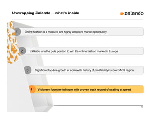 19
Unwrapping Zalando – what’s inside
Online fashion is a massive and highly attractive market opportunity1
Zalando is in the pole position to win the online fashion market in Europe2
Significant top-line growth at scale with history of profitability in core DACH region3
Visionary founder-led team with proven track record of scaling at speed4
 