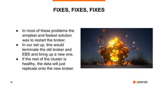 15
● In most of these problems the
simplest and fastest solution
was to restart the broker.
● In our set up, this would
terminate the old broker and
EBS and bring up a new one.
● If the rest of the cluster is
healthy, the data will just
replicate onto the new broker.
FIXES, FIXES, FIXES
 