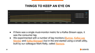 20
● If there was a single must-monitor metric for a Kafka Stream apps, it
was the consumer lag.
● We experimented with a number of lag monitors (Burrow, Kafka Lag
Monitor and Kafka Manager) but in the end started using a small utility,
built by our colleague Mark Kelly, called Remora.
THINGS TO KEEP AN EYE ON
 