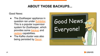 27
Good News:
● The ZooKeeper appliance in
question ran under Exhibitor.
This is a popular supervisor
system for ZooKeeper, which
provides some backup and
restore capabilities.
● The Kafka cluster was also
being persisted by Secor.
ABOUT THOSE BACKUPS...
 