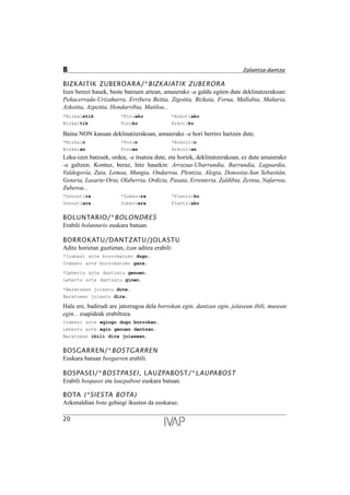 BIZKAITIK ZUBEROARA/*BIZKAIATIK ZUBERORA
Izen berezi hauek, beste batzuen artean, amaierako -a galdu egiten dute deklinatzerakoan:
Peñacerrada-Urizaharra, Erribera Beitia, Zigoitia, Bizkaia, Forua, Mallabia, Mañaria,
Azkoitia, Azpeitia, Hondarribia, Mutiloa...
*Bizkaiatik *Foruako *Azkotiako
Bizkaitik Foruko Azkotiko
Baina NON kasuan deklinatzerakoan, amaierako -a hori berriro hartzen dute.
*Bizkain *Forun *Azkoitin
Bizkaian Foruan Azkoitian
Leku-izen batzuek, ordea, -a itsatsia dute, eta horiek, deklinatzerakoan, ez dute amaierako
-a galtzen. Kontuz, beraz, hitz hauekin: Arrazua-Ubarrundia, Barrundia, Laguardia,
Valdegovía, Zuia, Lemoa, Mungia, Ondarroa, Plentzia, Alegia, Donostia-San Sebastián,
Getaria, Lasarte-Oria, Olaberria, Ordizia, Pasaia, Errenteria, Zaldibia, Zestoa, Nafarroa,
Zuberoa...
*Donostira *Zuberora *Plentziko
Donostiara Zuberoara Plentziako
BOLUNTARIO/*BOLONDRES
Erabili boluntario euskara batuan.
BORROKATU/DANTZATU/JOLASTU
Aditz horietan guztietan, izan aditza erabili:
*Irabazi arte borrokatuko dugu.
Irabazi arte borrokatuko gara.
*Lehertu arte dantzatu genuen.
Lehertu arte dantzatu ginen.
*Baratzean jolastu dute.
Baratzean jolastu dira.
Hala ere, badirudi are jatorragoa dela borrokan egin, dantzan egin, jolasean ibili, musean
egin... esapideak erabiltzea.
Irabazi arte egingo dugu borrokan.
Lehertu arte egin genuen dantzan.
Baratzean ibili dira jolasean.
BOSGARREN/*BOSTGARREN
Euskara batuan bosgarren erabili.
BOSPASEI/*BOSTPASEI, LAUZPABOST/*LAUPABOST
Erabili bospasei eta lauzpabost euskara batuan.
BOTA (*SIESTA BOTA)
Azkenaldian bota gehiegi ikusten da euskaraz.
20
B Zalantza-dantza
 