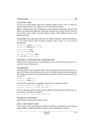 EGON/ARI IZAN
Lanean nago esaten badugu, batek baino gehiagok egingo du barre: izan ere, askok eta
askok bereizten dituzte egon, batetik, eta ari izan/ibili/jardun bestetik.
Egon: estatikoa-edo da, antza. Kontraesana izango litzateke mugimendua eskatzen duen
ekintza egon aditzarekin adieraztea. Horregatik, hasierako lanean dago bihurria lanean da
edo lantokian dago erabiliz ordezkatu beharko genuke, NON galderari erantzun nahi
badiogu behintzat.
Ari izan/ibili: ekintza dinamikoa adierazten du. ZERTAN galderari erantzun nahi badiogu,
ari izan erabili beharko dugu hasierako esaldiaren ordez: lanean ari da edo lanean
dabil/dihardu.
*Gorpuen bila daude gau eta egun.
Gorpuen bila dabiltza gau eta egun.
*Txarto jokatzen dago.
Txarto jokatzen ari da.
*Beti gauza bera esaten dago.
Beti ari da gauza bera esaten.
EHUNEKO/*PORTZENTAIA; PORTZENTAJE
Erabili ehuneko euskara batuan. Euskaltzaindiak ez du portzentaia hitza jaso; eta portzen-
taje baino ehuneko hobesten du.
EHUNEKOAK
Euskaltzaindiaren arau-proposamen baten arabera, ehunekoetan bi kopuru agertuko zaiz-
kigu (%5). Batak multzoa adierazten du (oro har, 100 erabili ohi da), eta besteak azpimul-
tzoa. Multzoa adierazten duen zenbakia hizkiz adierazteko erabili ohi diren kasuak dira:
‘tik’ eta ‘ko’.
Gizonetan, ehuneko hamar...
Gizonetan, ehunetik hamar...
Azpimultzoari dagokionean, mugagabean adierazi ohi da (ezaguna ez bada).
Gizonetan, ehuneko/etik zazpi¯ (%7) azkarra da.
Gizonetan, ehuneko/etik zazpik (%7k) badaki.
Hala ere, ehuneko mugatu eta jakin batez ari bagara (lehenago aipatu dugulako edo eza-
guna delako), artikulua sartu behar da.
Gutxi iruditu zait bankuan eman didaten %6a.
EHUNKA/*EHUNDAKA
Erabili ehunka euskara batuan, milaka bezala.
EKIN (*IRTETEARI EKIN)
Geure testuak edertu nahi ditugunean, kalitatea kantitatean datzalakoan, larregi luzatzen
ditugu esaldiak, esapide bihurrituak eta behar ez diren errepikapenak erabiliaz.
25
Zalantza-dantza E
 