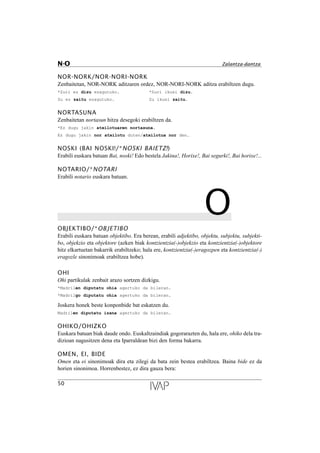 NOR-NORK/NOR-NORI-NORK
Zenbaitetan, NOR-NORK aditzaren ordez, NOR-NORI-NORK aditza erabiltzen dugu.
*Zuri ez dizu ezagutuko. *Zuri ikusi dizu.
Zu ez zaitu ezagutuko. Zu ikusi zaitu.
NORTASUNA
Zenbaitetan nortasun hitza desegoki erabiltzen da.
*Ez dugu jakin atxilotuaren nortasuna.
Ez dugu jakin nor atxilotu duten/atxilotua nor den.
NOSKI (BAI NOSKI!/*NOSKI BAIETZ!)
Erabili euskara batuan Bai, noski! Edo bestela Jakina!, Horixe!, Bai segurki!, Bai horixe!...
NOTARIO/*NOTARI
Erabili notario euskara batuan.
OOBJEKTIBO/*OBJETIBO
Erabili euskara batuan objektibo. Era berean, erabili adjektibo, objektu, subjektu, subjekti-
bo, objekzio eta objektore (azken biak kontzientzia(-)objekzio eta kontzientzia(-)objektore
hitz elkartuetan bakarrik erabiltzeko; hala ere, kontzientzia(-)eragozpen eta kontzientzia(-)
eragozle sinonimoak erabiltzea hobe).
OHI
Ohi partikulak zenbait arazo sortzen dizkigu.
*Madrilen diputatu ohia agertuko da bileran.
*Madrilgo diputatu ohia agertuko da bileran.
Joskera honek beste konponbide bat eskatzen du.
Madrilen diputatu izana agertuko da bileran.
OHIKO/OHIZKO
Euskara batuan biak daude ondo. Euskaltzaindiak gogorarazten du, hala ere, ohiko dela tra-
dizioan nagusitzen dena eta Iparraldean bizi den forma bakarra.
OMEN, EI, BIDE
Omen eta ei sinonimoak dira eta zilegi da bata zein bestea erabiltzea. Baina bide ez da
horien sinonimoa. Horrenbestez, ez dira gauza bera:
50
N-O Zalantza-dantza
 