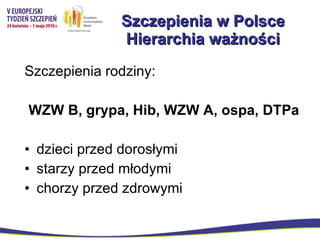 Szczepienia w  Polsce Hierarchia ważności Szczepienia rodziny: WZW B, grypa, Hib, WZW A, ospa, DTPa  dzieci przed dorosłymi starzy przed młodymi  chorzy przed zdrowymi 