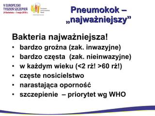 Pneumokok – „najważniejszy” Bakteria najważniejsza! bardzo groźna (zak. inwazyjne)  bardzo częsta  (zak. nieinwazyjne) w każdym wieku (<2 rż! >60 rż!) częste nosicielstwo narastająca oporność szczepienie  – priorytet wg WHO  