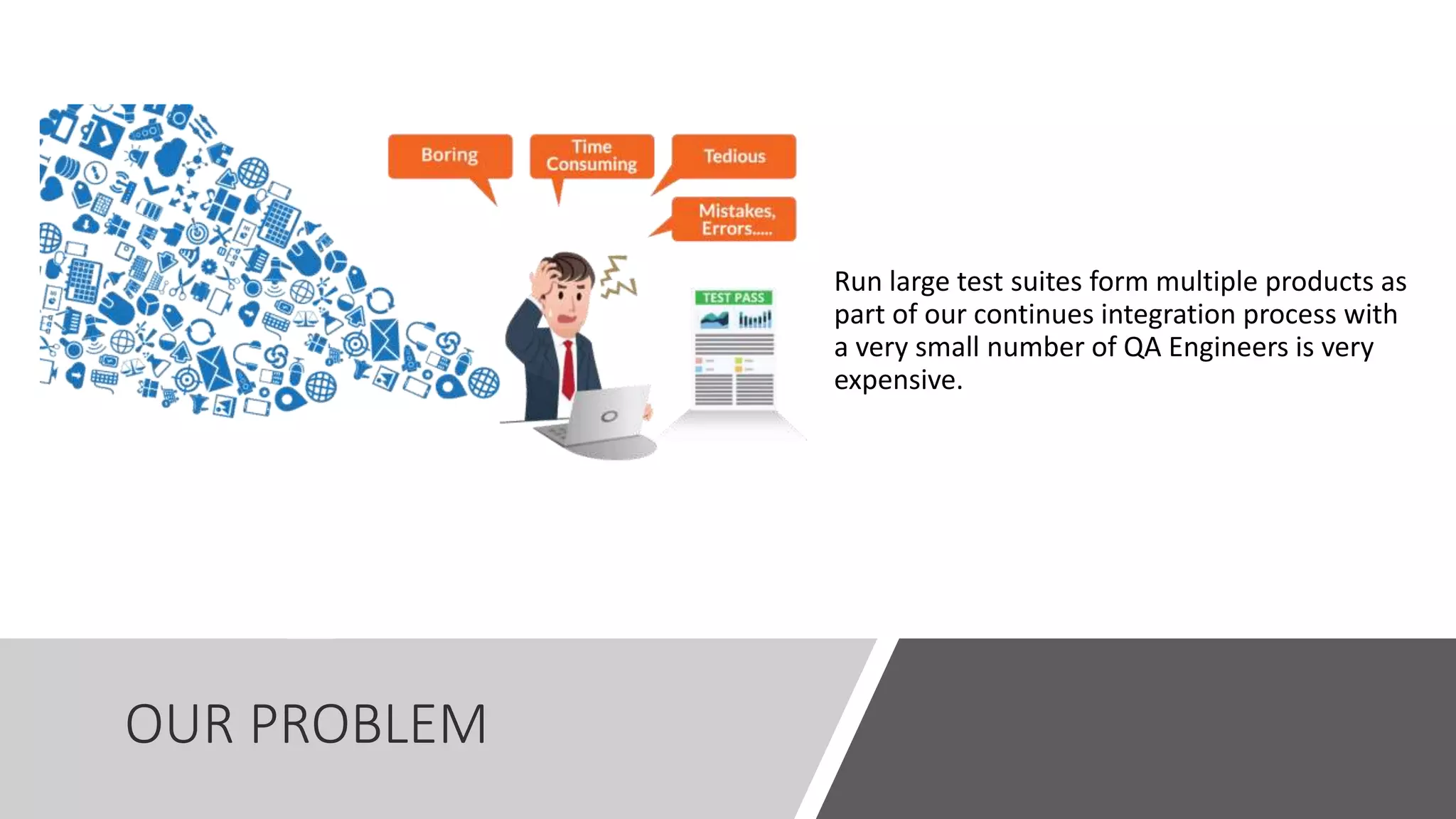 OUR PROBLEM Run large test suites form multiple products as part of our continues integration process with a very small number of QA Engineers is very expensive. 