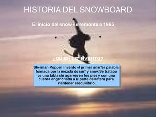 ¿QUIEN LO INVENTO? HISTORIA DEL SNOWBOARD El inicio del snow se remonta a 1965 