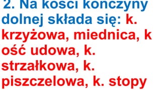 2. Na kości kończyny
dolnej składa się: k.
krzyżowa, miednica, k
ość udowa, k.
strzałkowa, k.
piszczelowa, k. stopy

 