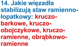 14. Jakie więzadła
stabilizują staw ramiennołopatkowy: kruczobarkowe, kruczoobojczykowe, kruczoramienne, obrąbkoworamienne

 